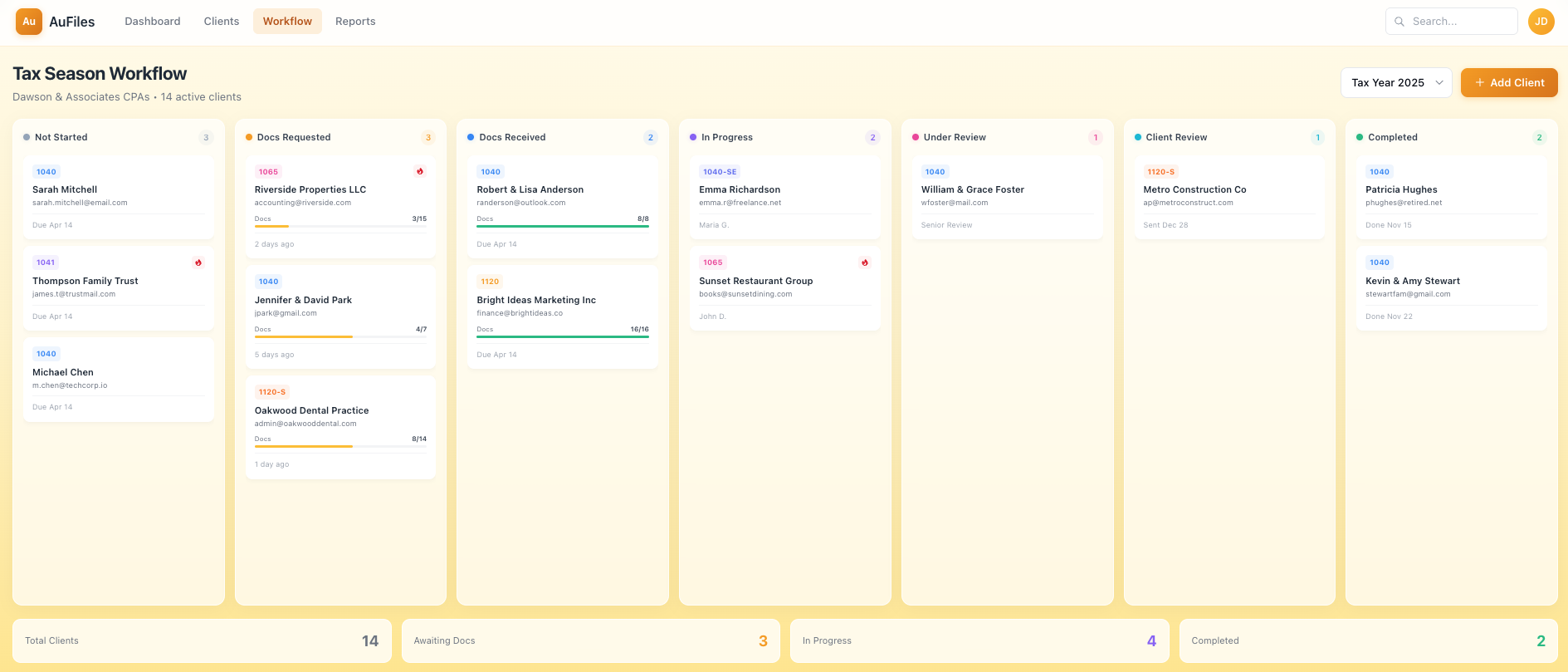 Tax workflow board showing client cards organized by status
