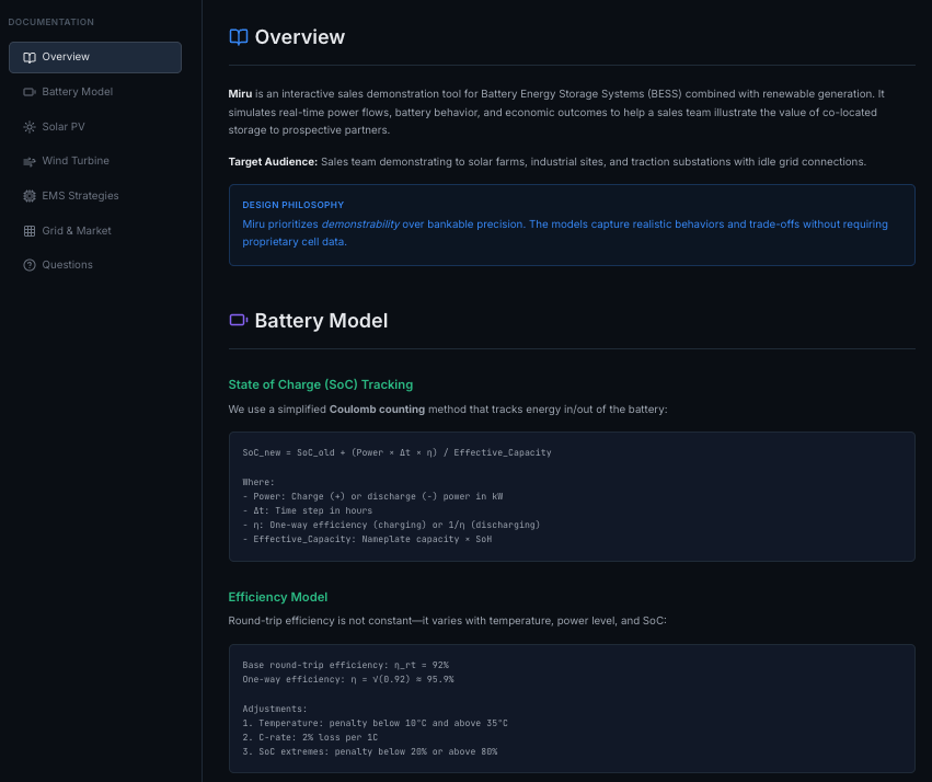 Documentation page showing system parameters, assumptions, and references