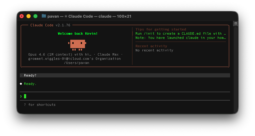 Claude Code terminal showing Opus 4.6 ready for work