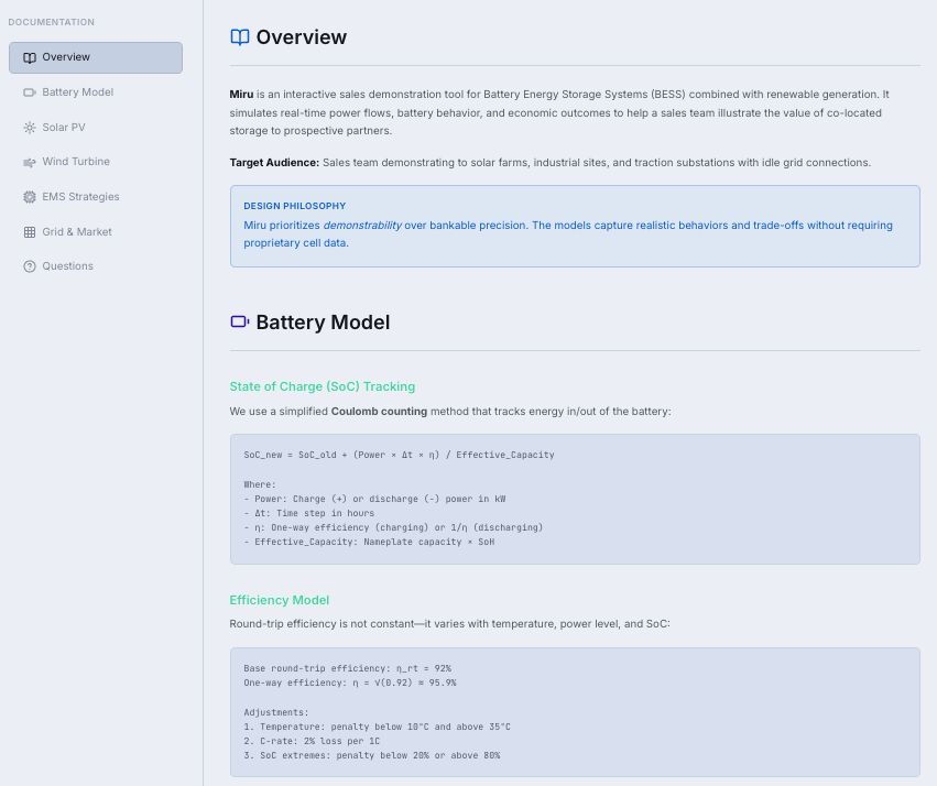 Documentation page showing system parameters, assumptions, and references