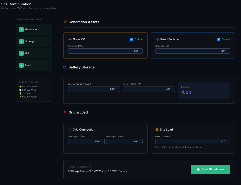 BESS simulator interface showing site configuration with power flow diagram and system parameters