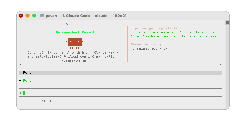 Claude Code terminal showing Opus 4.6 ready for work